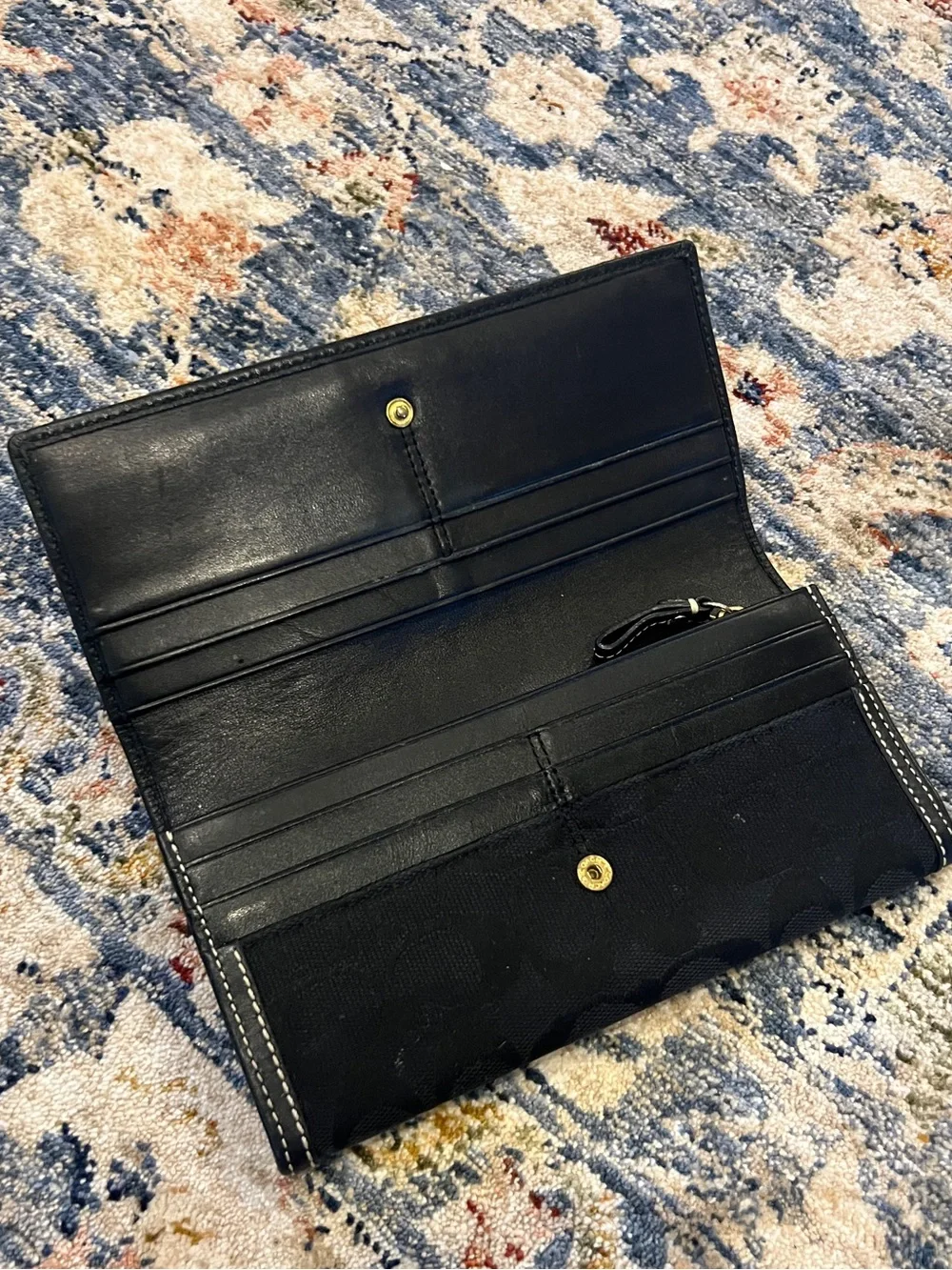 Coach Black Signature Trifold Wallet with White Stitching